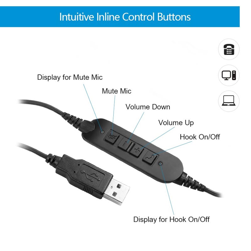 VT Computer USB Headset with Noise-Cancellation-Microphone - UC Headset Compatible with MS Teams,Mitel,MicroSIP Used for Cisco Jabber,Zoom,Genesys,GoogleMeet,Bria,3CX,etc. - Image 2